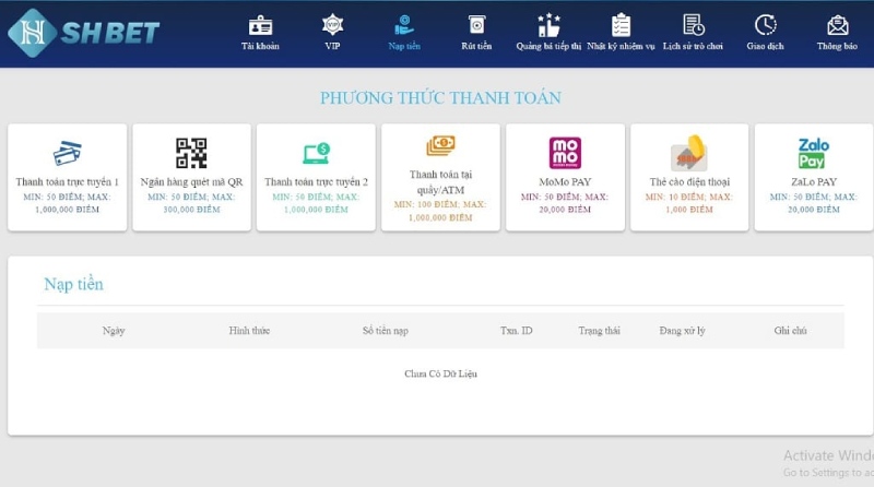 Thanh toán nạp rút tiền cực siêu tốc tại Shbet